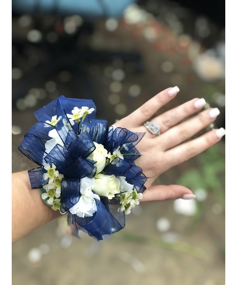 White and Navy Corsage