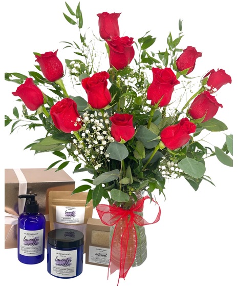 Dozen Red Roses with Glowing Goat Gift