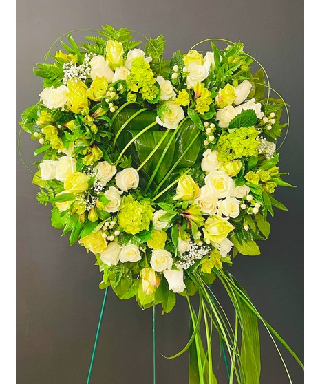 Heart Shaped Sympathy Spray, Bells Of Ireland, White Roses, Bear Grass