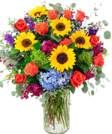 Sunflowers, Full Bloom Hydrangea, Eucalyptus Leaves