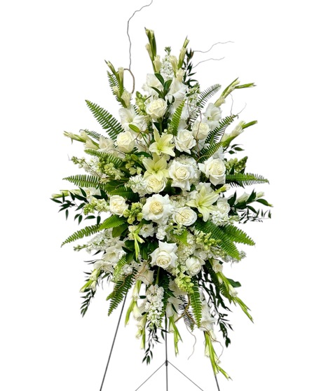 Standing Sympathy Spray, White Lilies, White Roses, Bridal Wreath Spirea