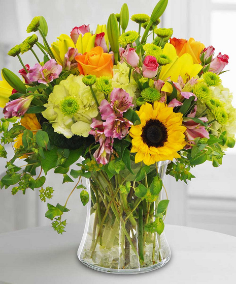 Alstroemeria, Sunflowers, Poms, Pink Roses