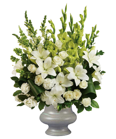 White Carnations, White Lilies, White Gladiolus, White Roses, Sympathy Bouquet