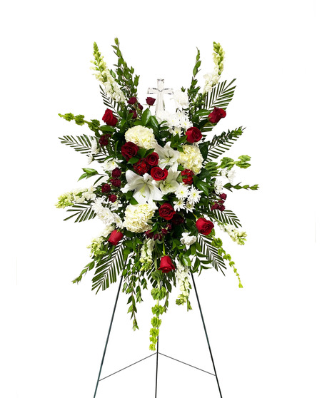 Standing Sympathy Spray, White Lilies, White Roses, Blue Hydrangea