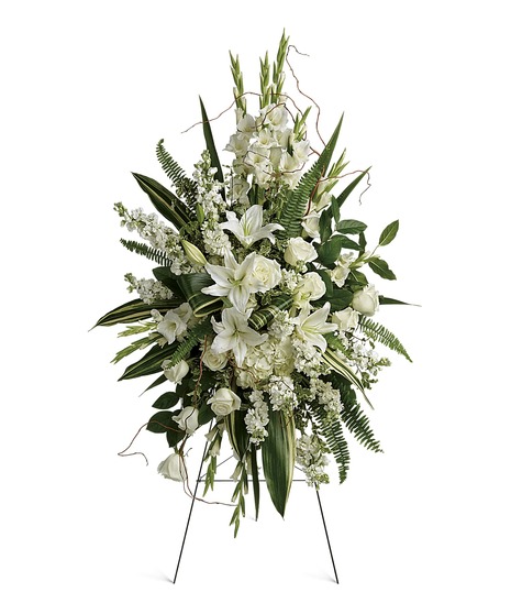 Standing Sympathy Spray, White Lilies, White Roses, Bridal Wreath Spirea