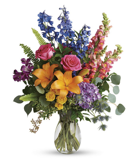 Full Bloom Hydrangea, Pink Roses, Orange Lilies, Yellow Roses