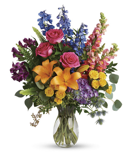 Full Bloom Hydrangea, Pink Roses, Orange Lilies, Yellow Roses