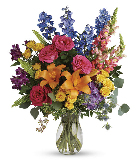 Full Bloom Hydrangea, Pink Roses, Orange Lilies, Yellow Roses